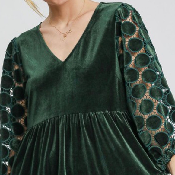 Umgee Lace Velvet Sheer Polka-dot Boho Babydoll Ruffle Long Sleeve Mini Dress - Picture 14 of 14